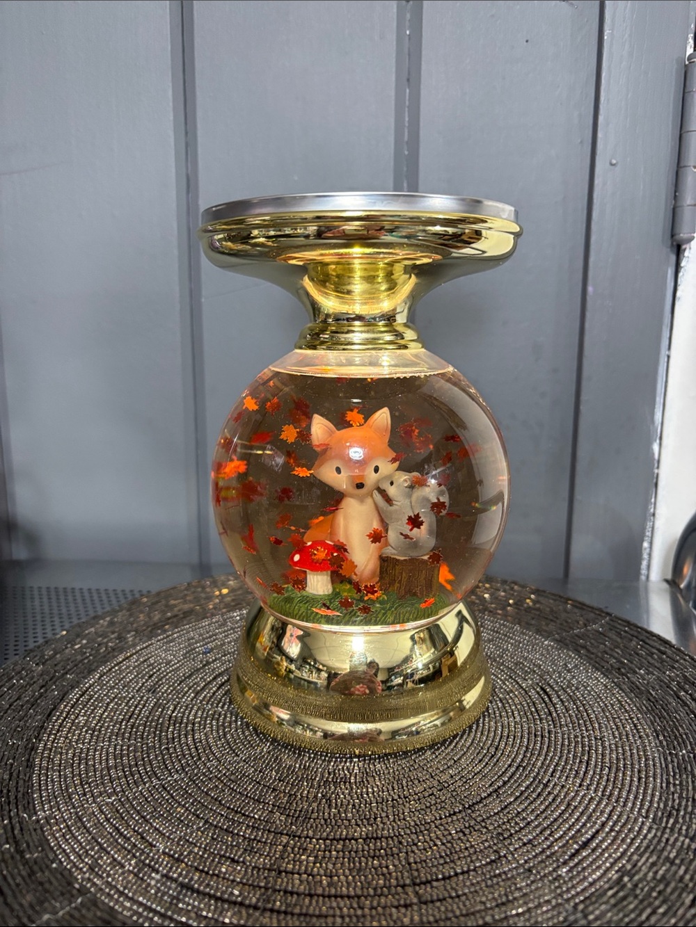 Bath & Body Works Gold Fox & Squirrel Snow Globe with Orange Leaves